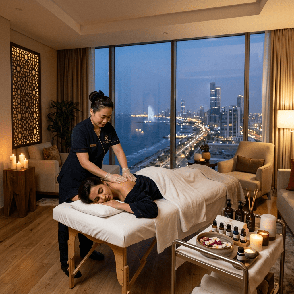 Woman receiving back massage in spa room with city skyline at night through large windows