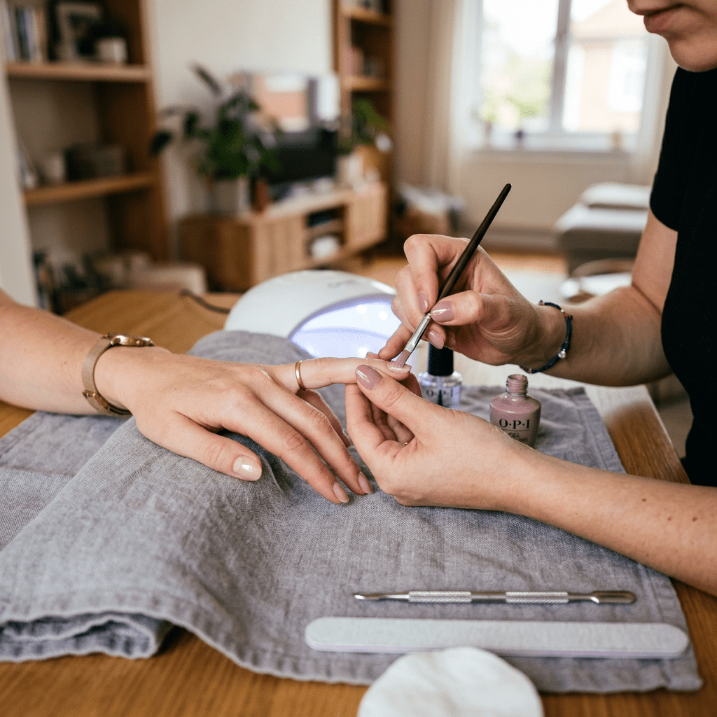Person applying nude nail polish on fingernails during at-home manicure
