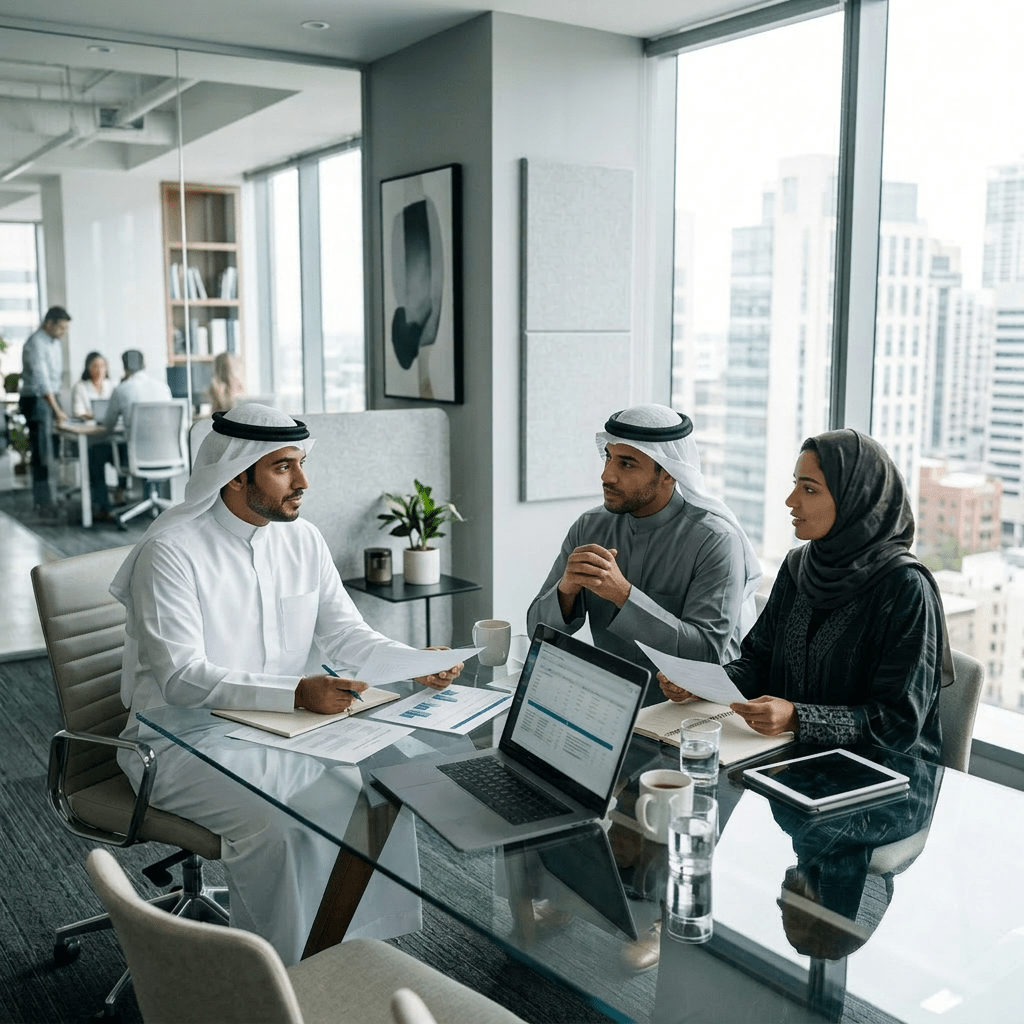 Three professionals having a discussion around a glass table with documents and a laptop in a bright office