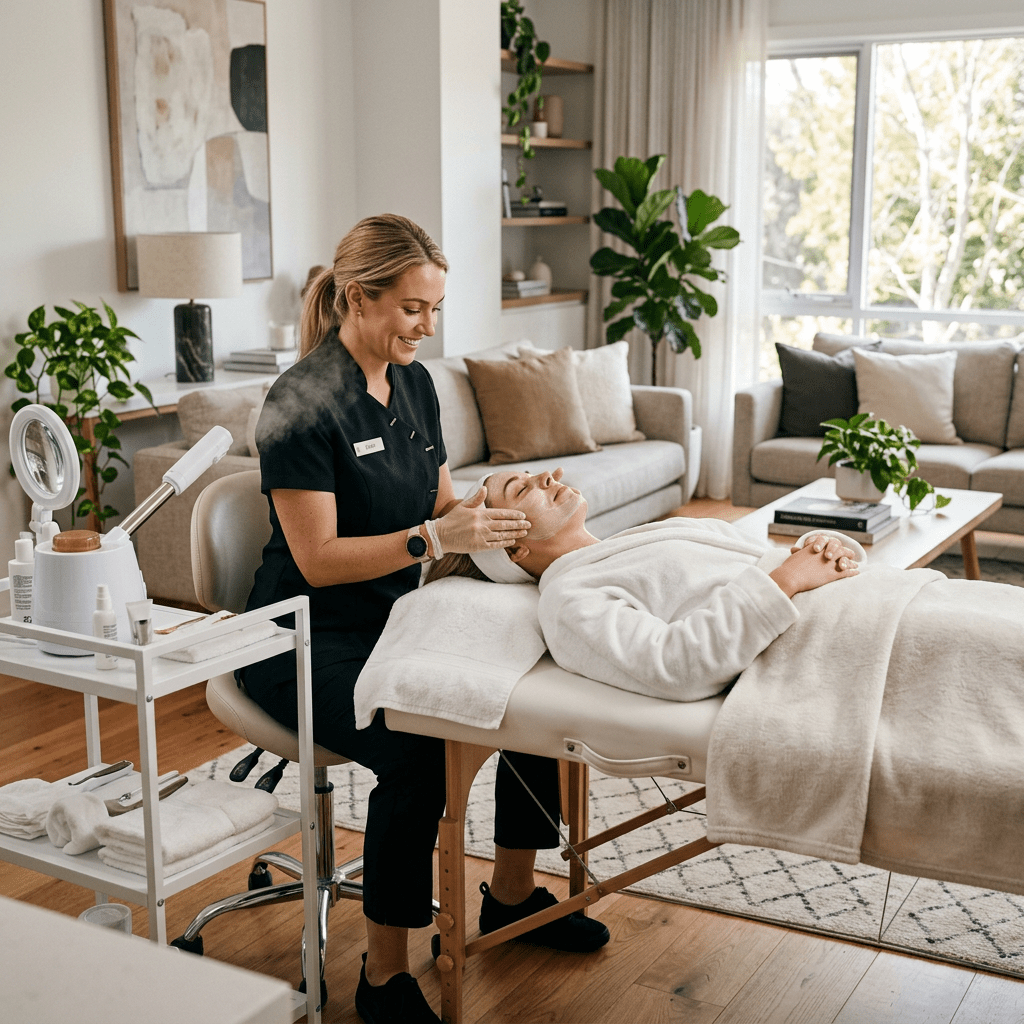 Skincare professional massaging a client's face during a facial treatment in a spa room
