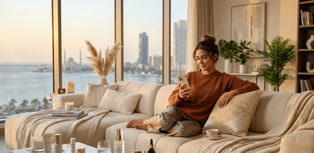 A person using the Beauté mobile app on their smartphone in a luxury home living room.
