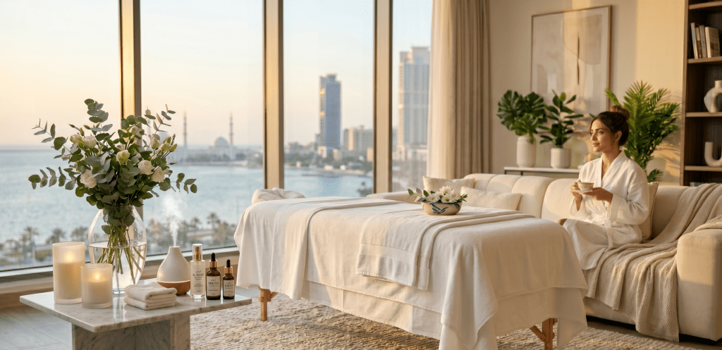 A serene, clutter-free home space prepared for an at-home spa treatment.