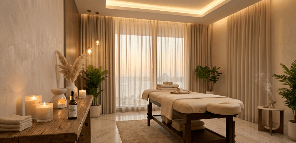 A calm, professional home spa environment ready for a relaxation treatment